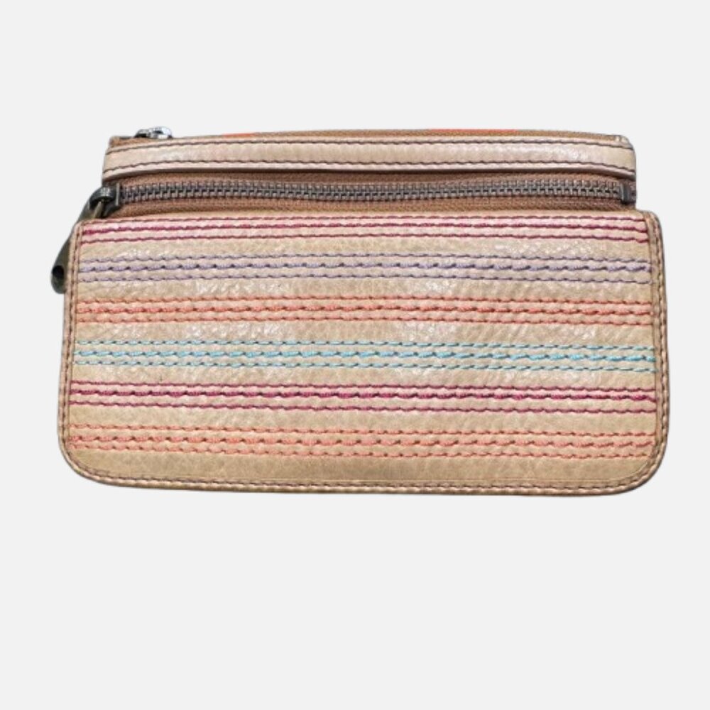 🗝Fossil Explorer Tan Leather Front Colored Stitch Accent Clutch Wallet YKK Zips